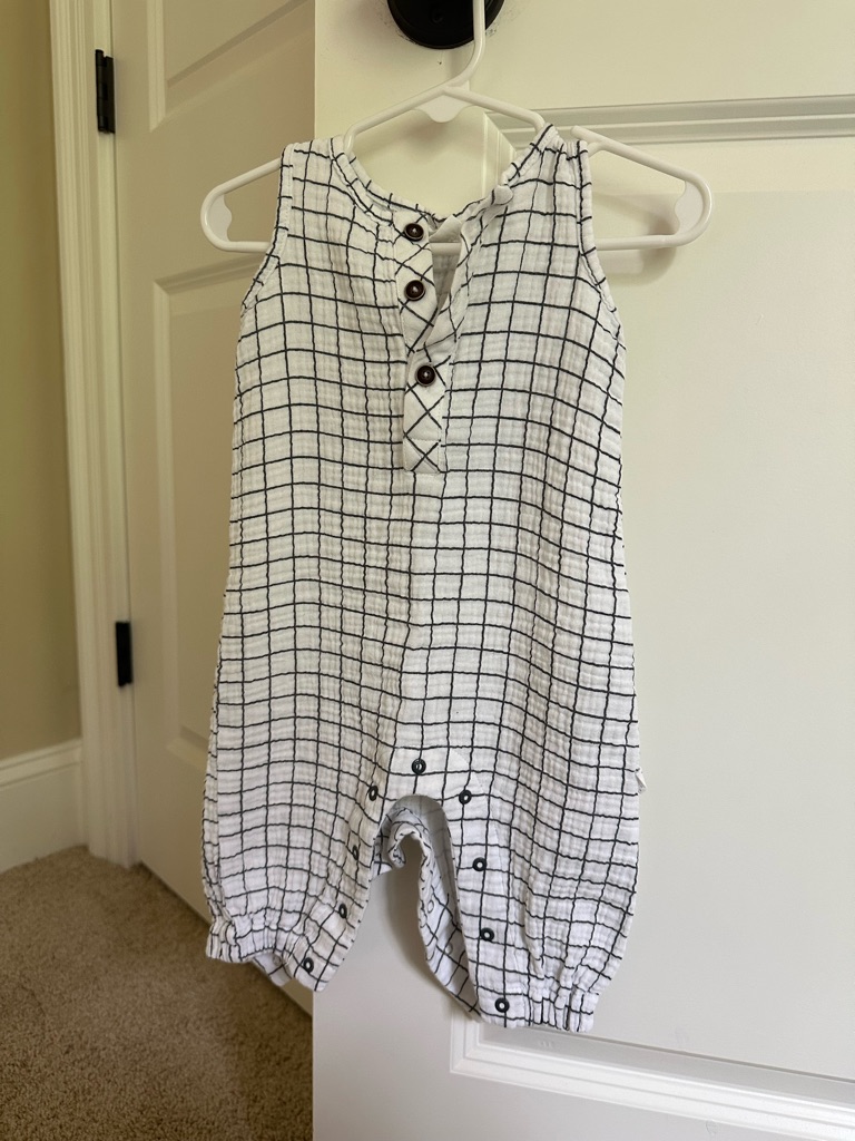 Firsts By Petit Lem White And Black Grid Baby Romper